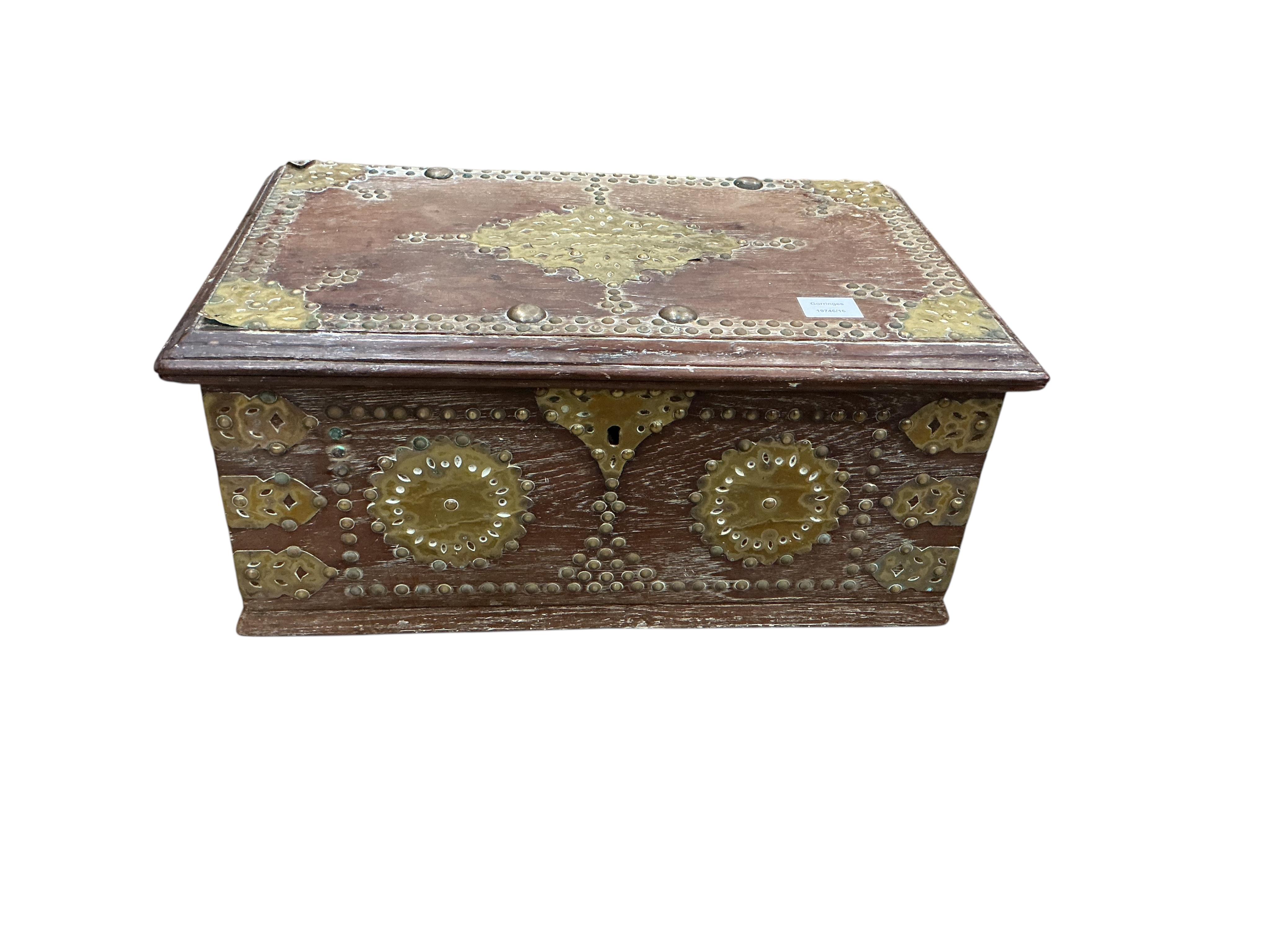 A Zanzibar type hardwood and brass studded box, width 57cm, depth 36cm, height 25cm